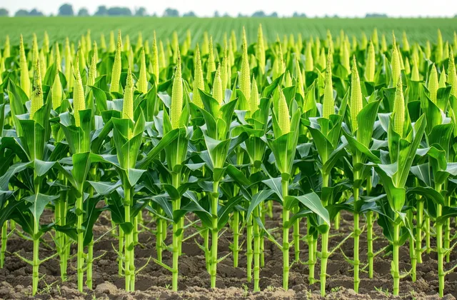 Close-up of corn plants showing signs of nitrogen deficiency with yellowing lower leaves
