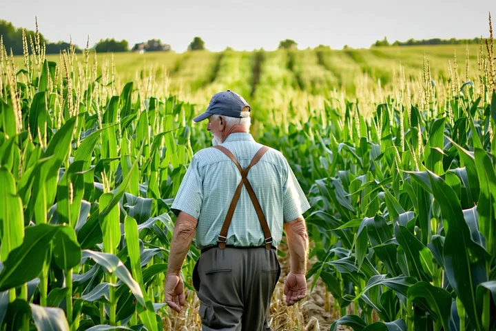Row-crop grower walking a corn field checking for pest damage