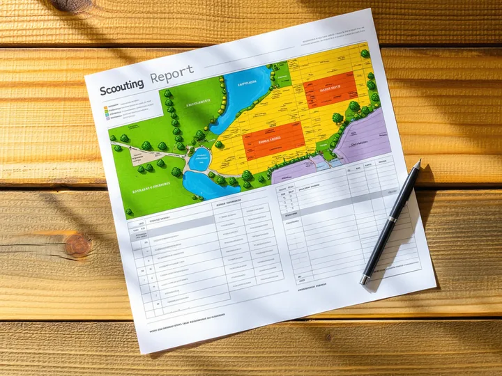 Printed Fieldglint field scouting report on a desk showing a color-coded field map with flagged zones