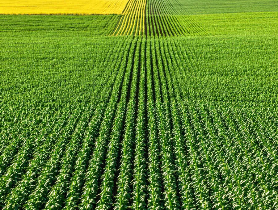 Aerial view of an Iowa corn field showing row patterns from approximately 200 feet altitude