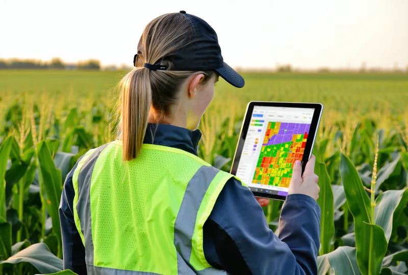 Agronomist reviewing a tablet showing a field scouting report while standing at the edge of a corn field
